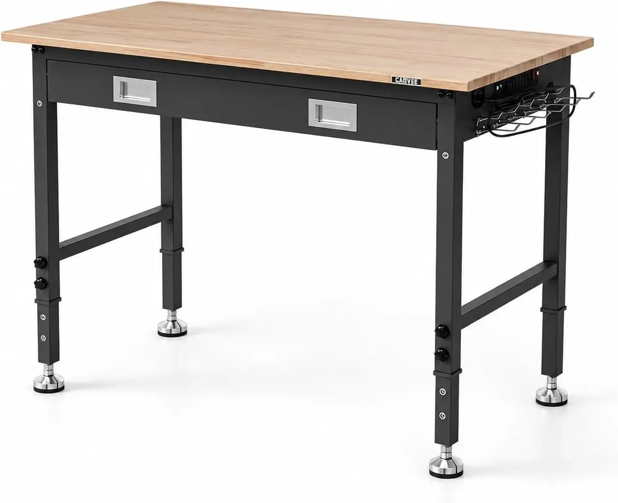 48in Workbench Drawer Adjustable Height 2000lb Capacity Pegboard 6 Level Height Adjustment ETL Power Outlets Solid Rubberwood To
