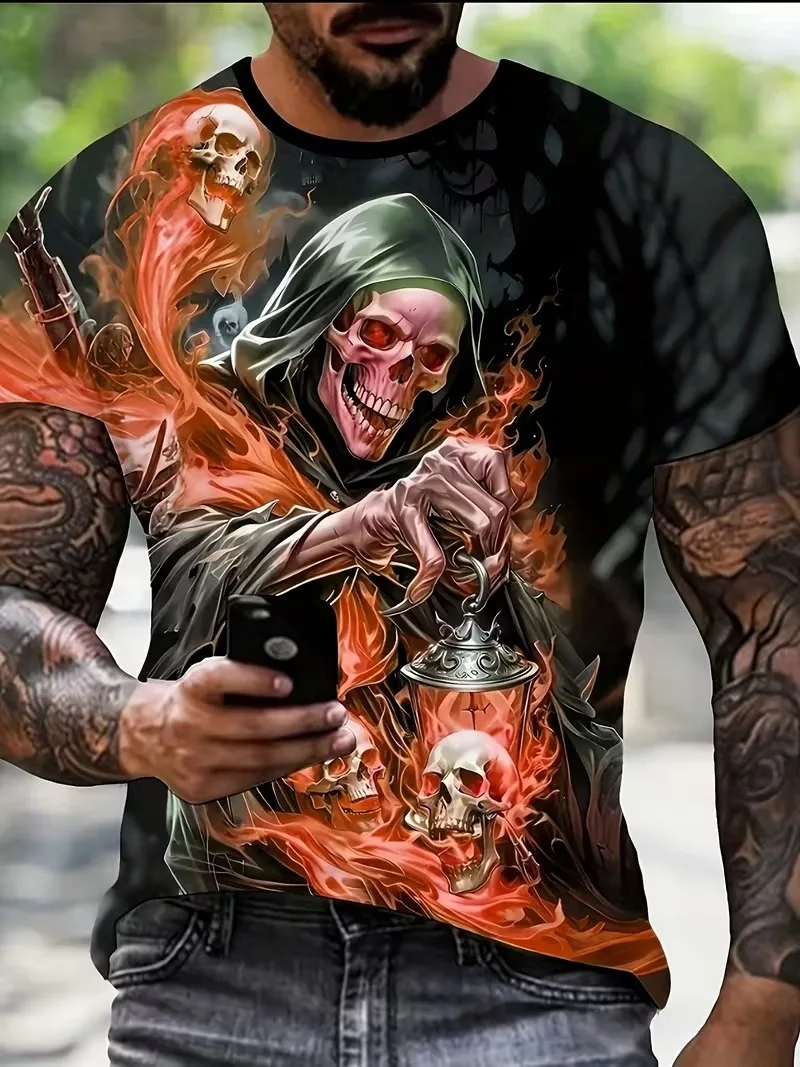 Fashion Flame Skull 3D Printed Men's Round Neck T-shirt Summer Casual Men's Street Wear Daily Top Cool Hip Hop Y2k Men Clothing