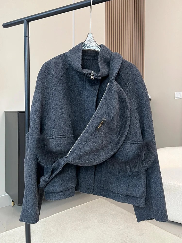 سترة شتوية نسائية من الصوف والكشمير لعام 2025 سترة دافئة من فرو الثعلب الطبيعي الحقيقي معطف نسائي سميك فاخر ملابس خارجية صوفية للسيدات