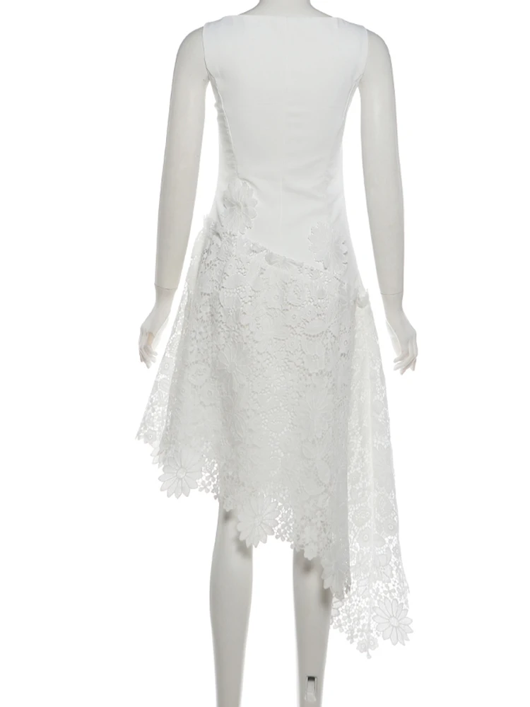 Weird Puss Elegantes Jacquard-Patchwork-Kleid für Damen, modisch, schlicht, quadratischer Kragen, unregelmäßiger Saum, ärmellos, Party, schick, sexy, figurbetont – Detail 6