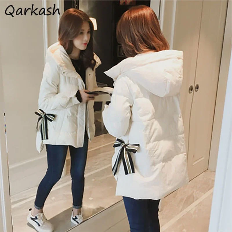 

Parkas Women with Hat Bow Design Sweet Warm Leisure Winter Ladies All-match Popular Outwear Basic Soft Ulzzang Tender Casual Ins