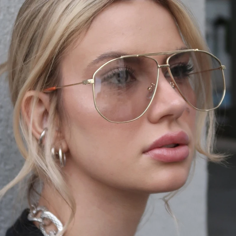 SO&EI Ins Popular Fashion Oversized Metal Double Bridges Pilot Sunglasses Women Shades UV400