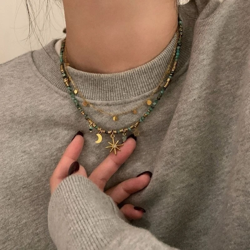 Collar multicapa con cuentas de estrella y Luna Starburst para mujer, cadenas bohemias Vintage de Color dorado, joyería para el cuello