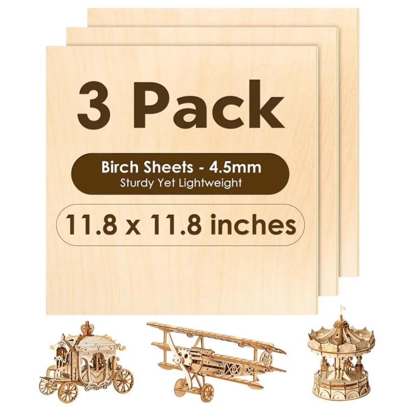 

Birch Plywood Sheets 4.5mm, 3 Plywood Sheets 11.8 x 11.8 Inch, Wood Laser Cutting and Engraving, Than 3mm Bass