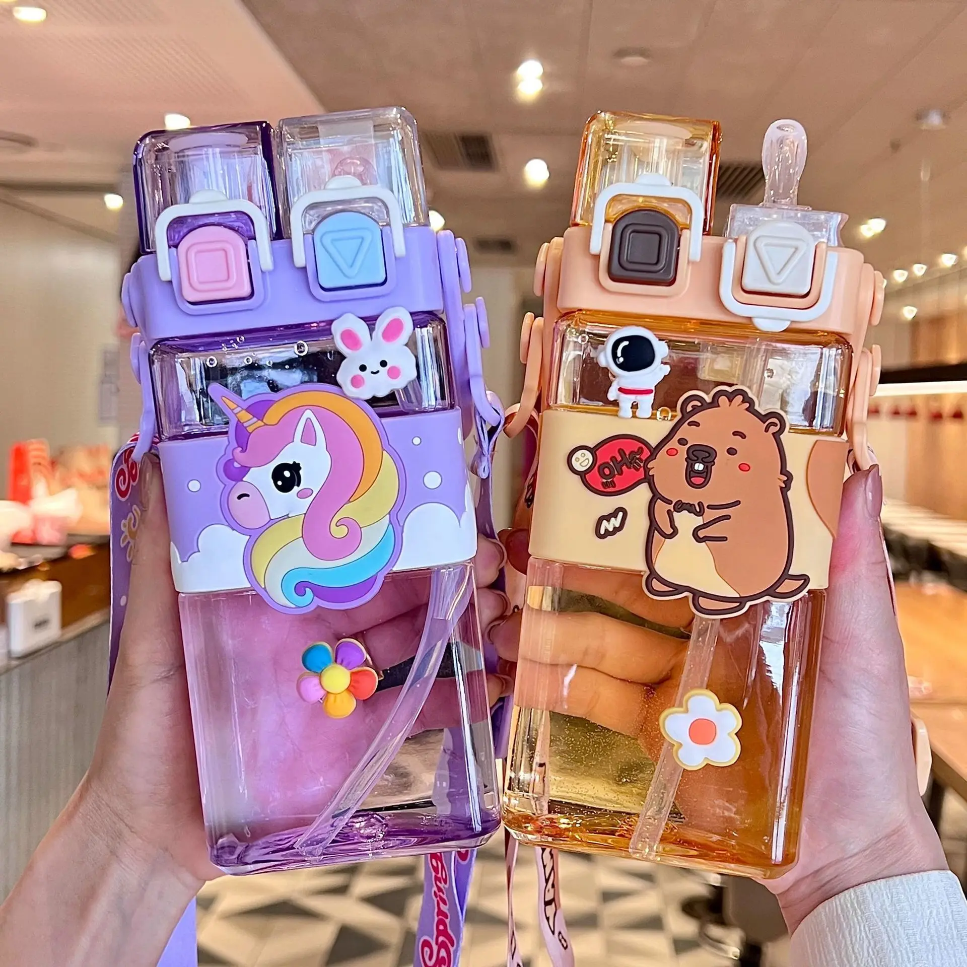 Cartoon Unicorn Double Mouthed Water Cups,Cute Dinosaur with Shoulder Strap Water Bottle, High-value Portable Straw Cup,520ml
