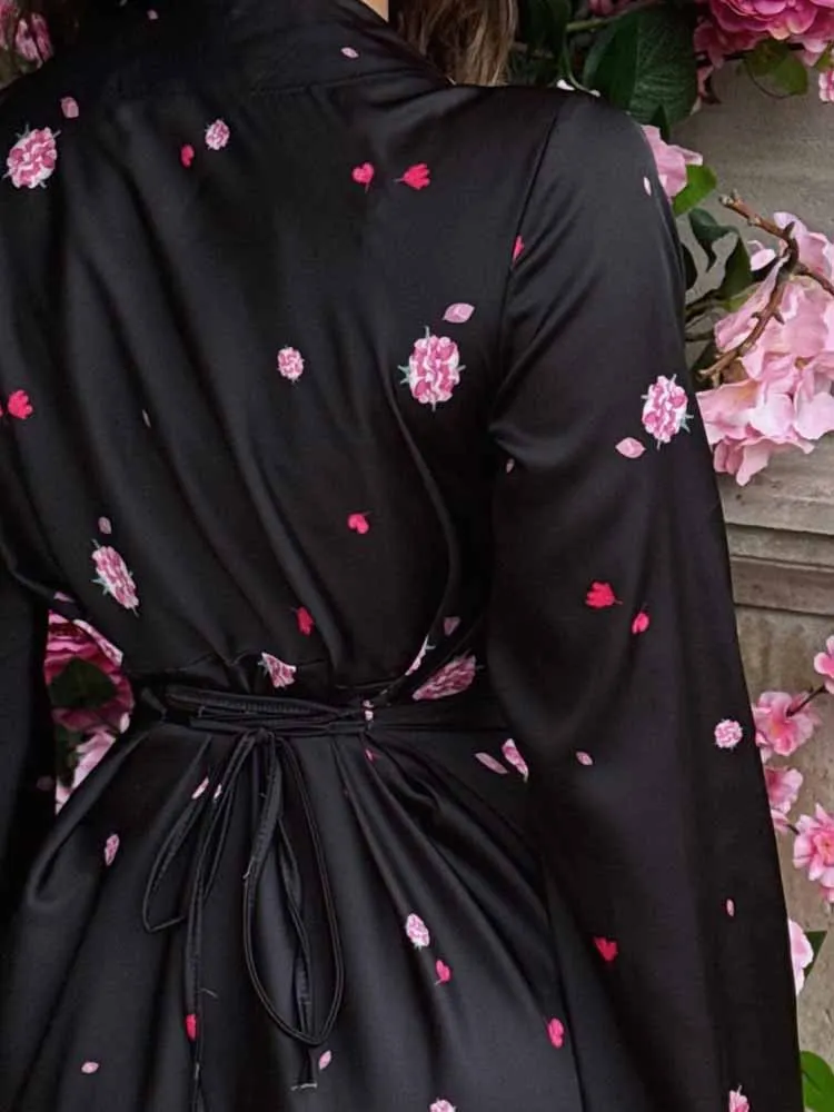 Vestido recto de cintura alta Vintage de otoño para mujer, vestidos de fiesta elegantes con temperamento, vestido de manga larga con cuello en V y estampado Floral