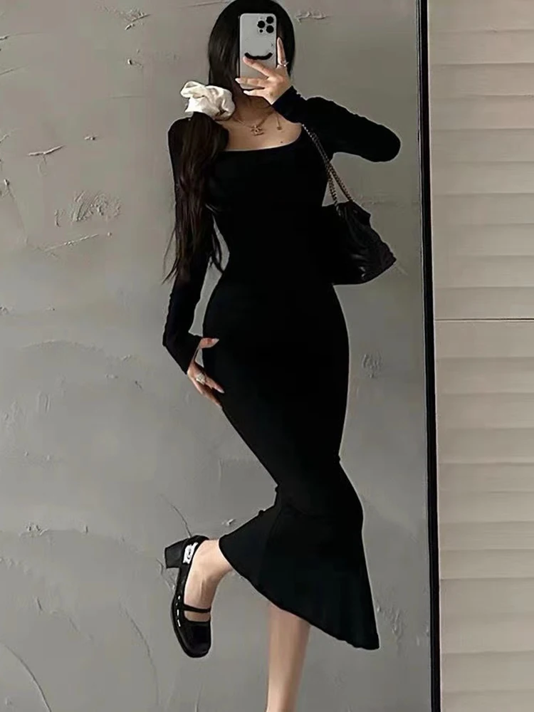 Ribbed Solid Long Sleeve Square Neck Skinny Bodycon Dress Women Autumn Sexy Evening Party Elegant Vestido Ladies Long Dresses