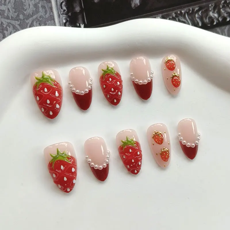 10Pcs Women French Style 3D Strawberry Gold Red and Plaid Bowknot Press on Nails Short Almond Fresh Nails Patch False Nails Art view 2