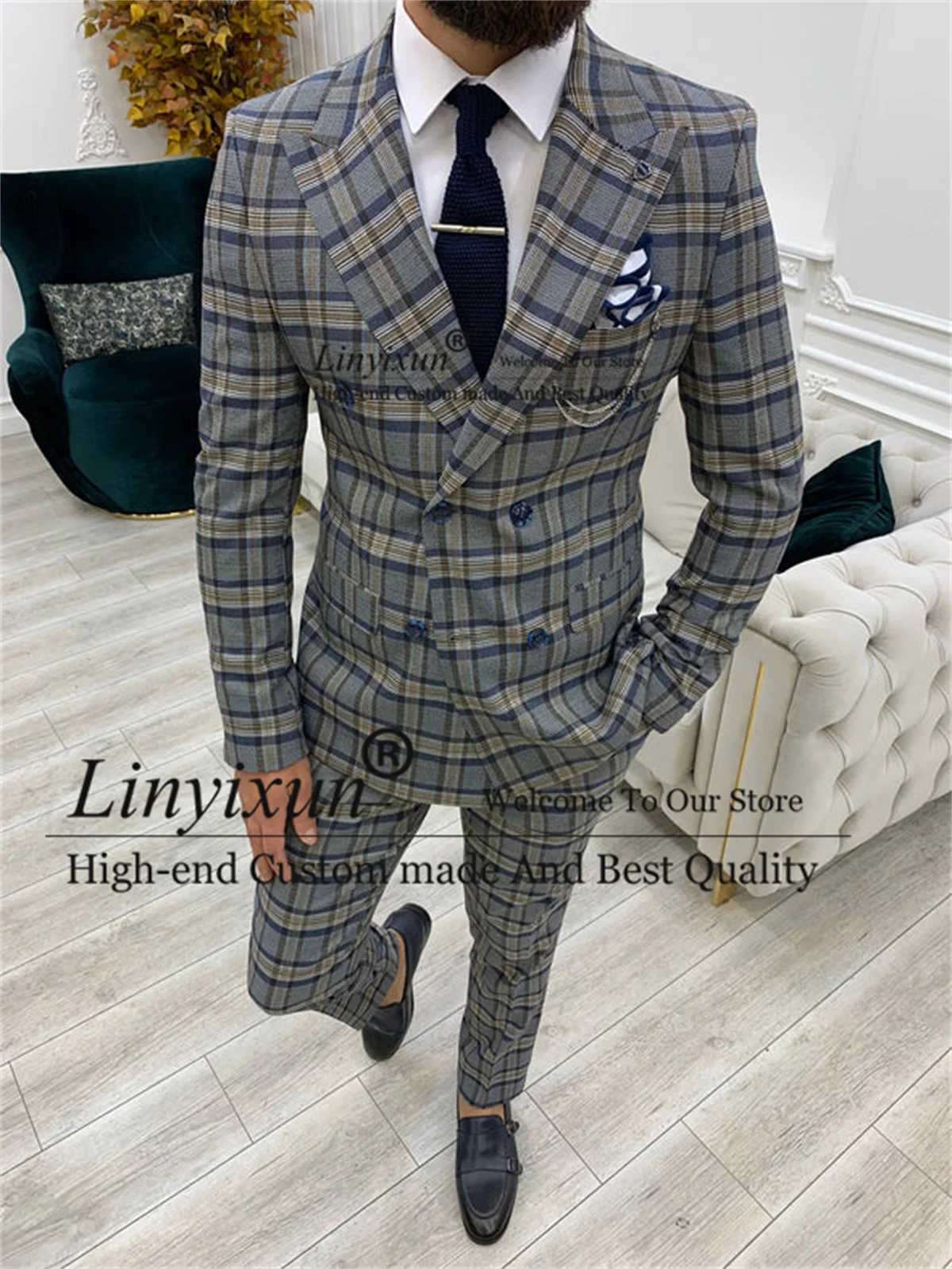 Classic Plaid Suit For Men Double Breasted Groom Wedding Tuxedos 2 Pieces Set Business Blazer Pants Outfit Slim Costume Homme