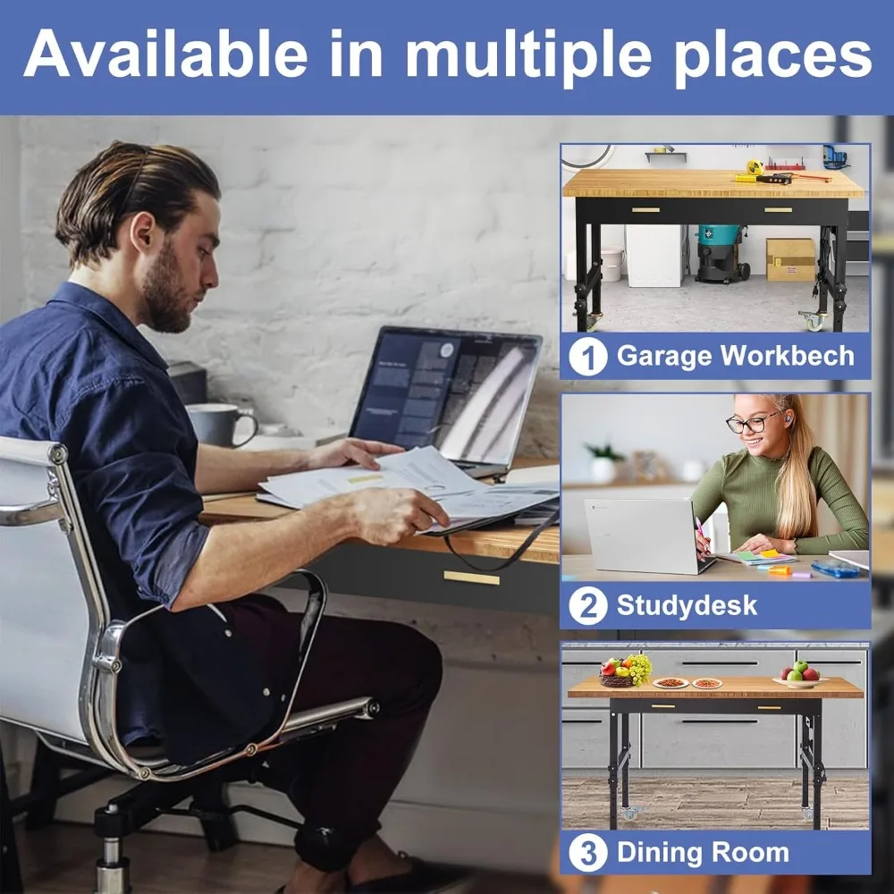 Banc de Travail Réglable en Bambou RapDuty, Table de Travail de Garage, Charge de 2700 LBS, 60 Pouces