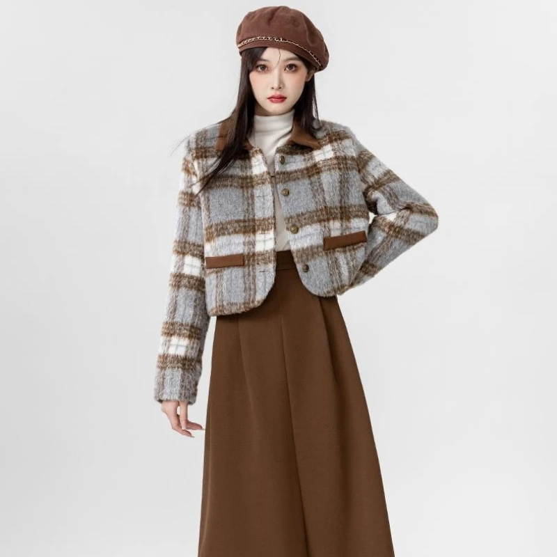 العصرية صغيرة المرأة الخريف الشتاء منقوشة معطف الصوف قصيرة المألوف الكورية نمط سترة صوفية ملابس خارجية الإناث #4