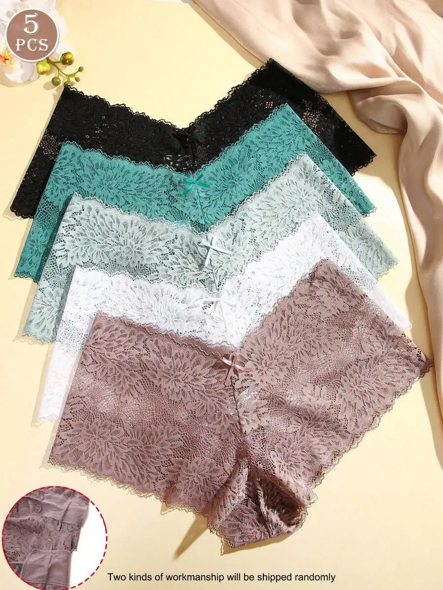 

5 Pieces Women Lace Bowknot Mid-Waist Panties Set