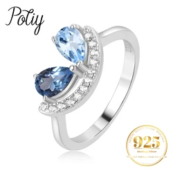 Potiy Pear Natural Sky London Blue Topaz 925 Sterling Silver Cocktail Ring for Woman Daily Gemstone Fine Jewelry Birthday Gift