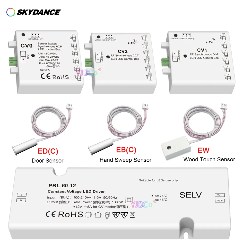 Skydance Small size 60W 12V Constant Voltage LED Driver Power Supply 6CH RF&Sensor Synchronous DIM/Single color/CCT Control Box