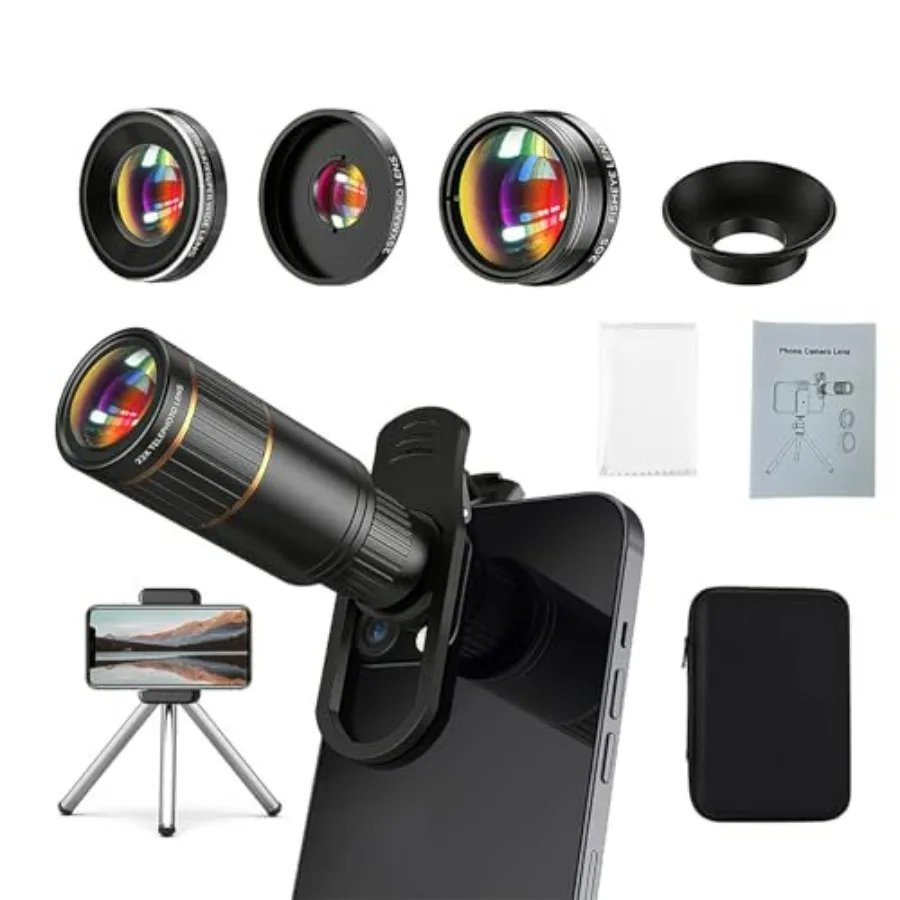 

Phone Camera Lens Kit Upgraded Version with 22X Telephoto 205 Fisheye 0.67X Wide Angle 25X Macro Lenses and Clip Mini Tripod fo