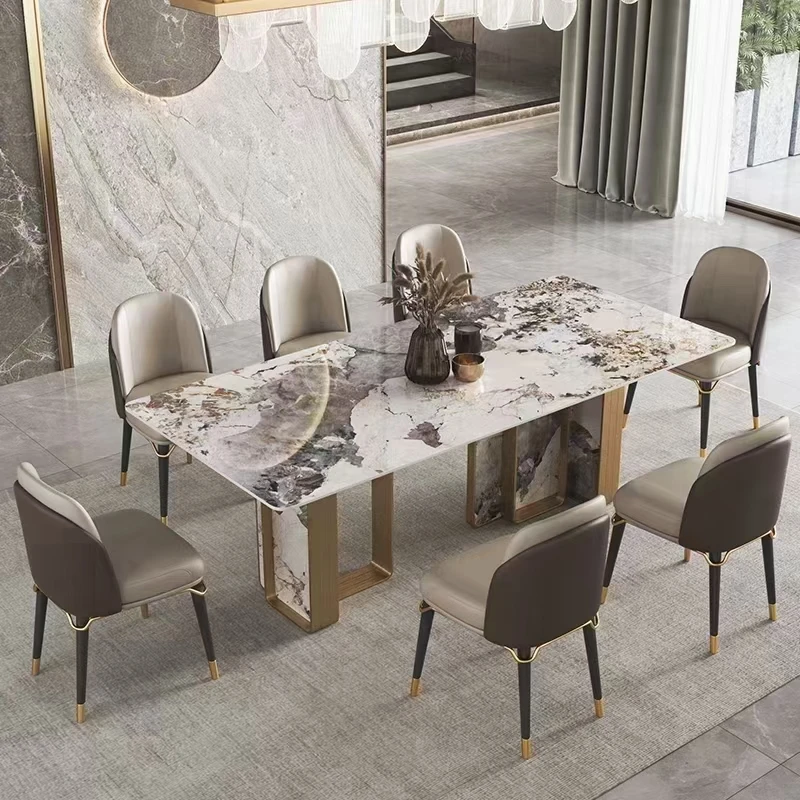 hj- Design Stone Stainless Steel Base Modern Dining Table Furniture Marble Dining Table Set Sintered Stone With Glass Support%