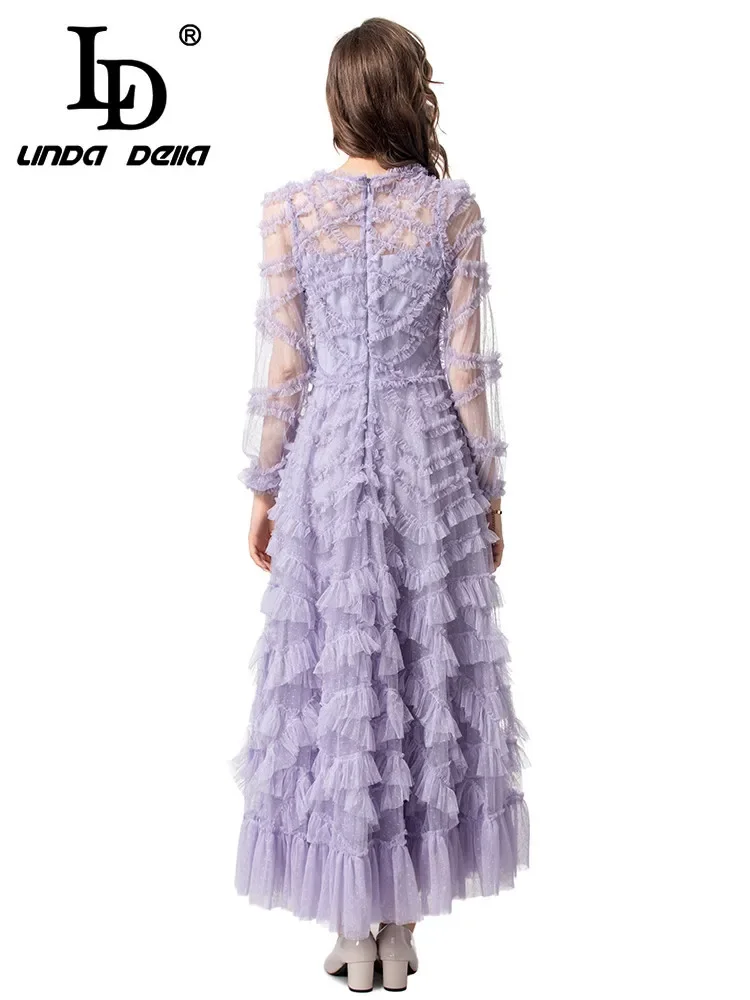 LD LINDA DELLA Fashion Designer Summer Dress Women's Temperament Net Yarn Polka Dot Print Cascading Ruffle Elegant Dresses