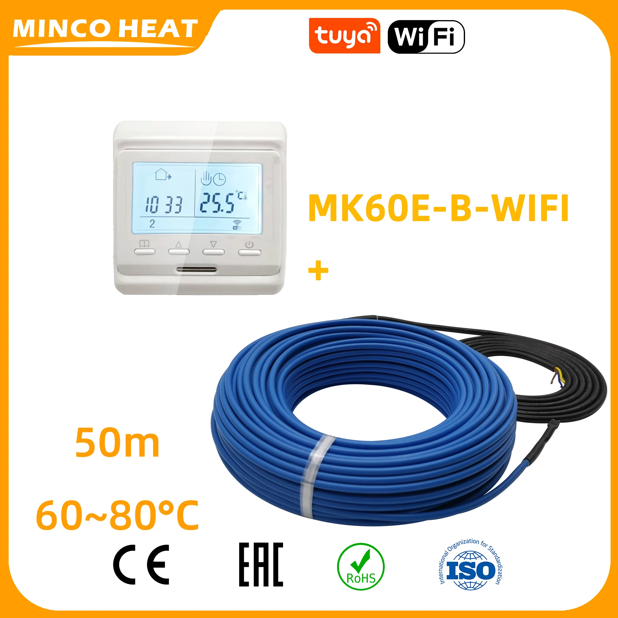 

Minco Heat 20w/m 50 Meters Electric Hotline New Twin Conductor Under Tile Laminate Floor Heating with Smart Tuya Wifi Thermostat