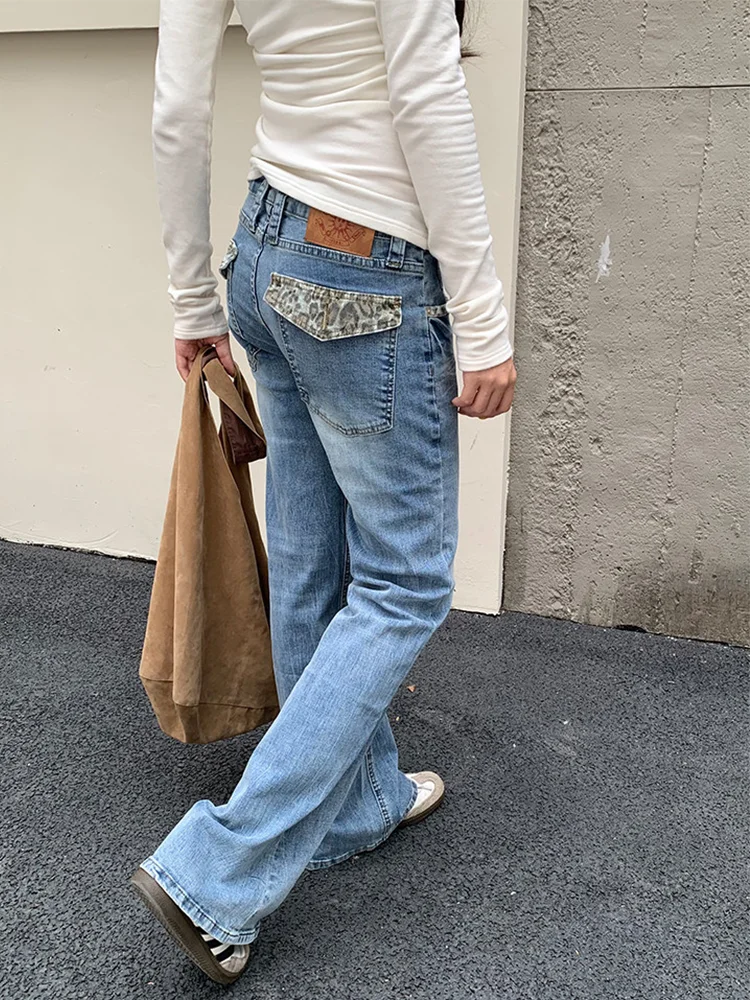 

plus Size American Style Spliced Leopard Print Design Washed Bell Bottom Jeans Women's Straight Leg Slimming Versatile Long P...