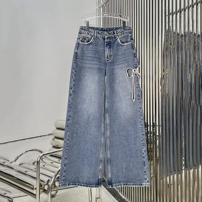 

Women's Washed Denim Pants, Bow-Detail Openwork Rhinestone-Embellished Wide-Leg Pants, High-Quality Straight-Leg Pants, 2026,y2k