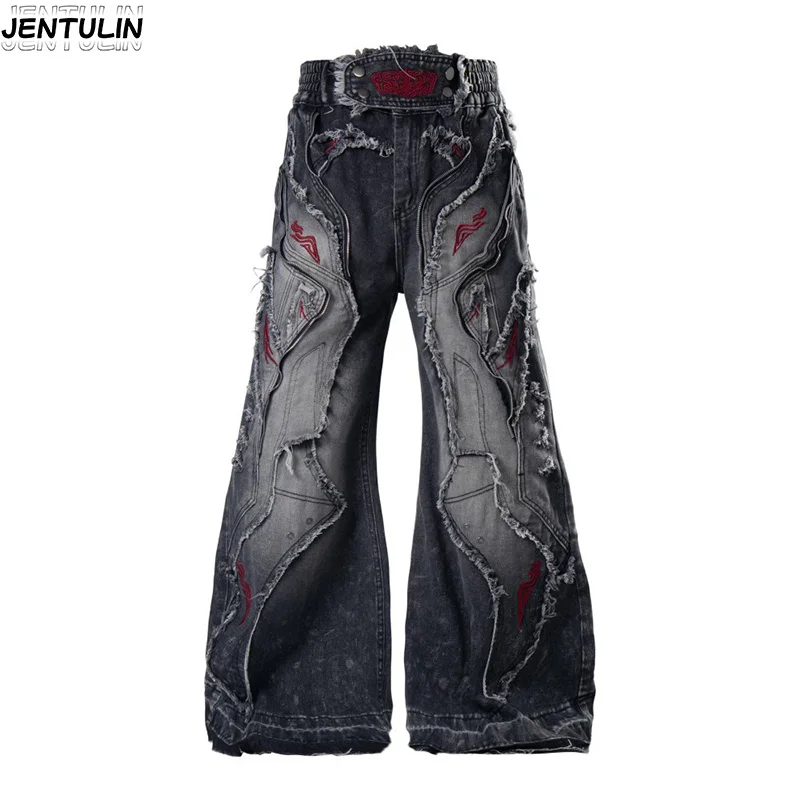 American Style High Street Super Heavy Red Embellished Embroidered Jeans With Fur Whiskers Tied Up Made Dirt Style Pants Unisex