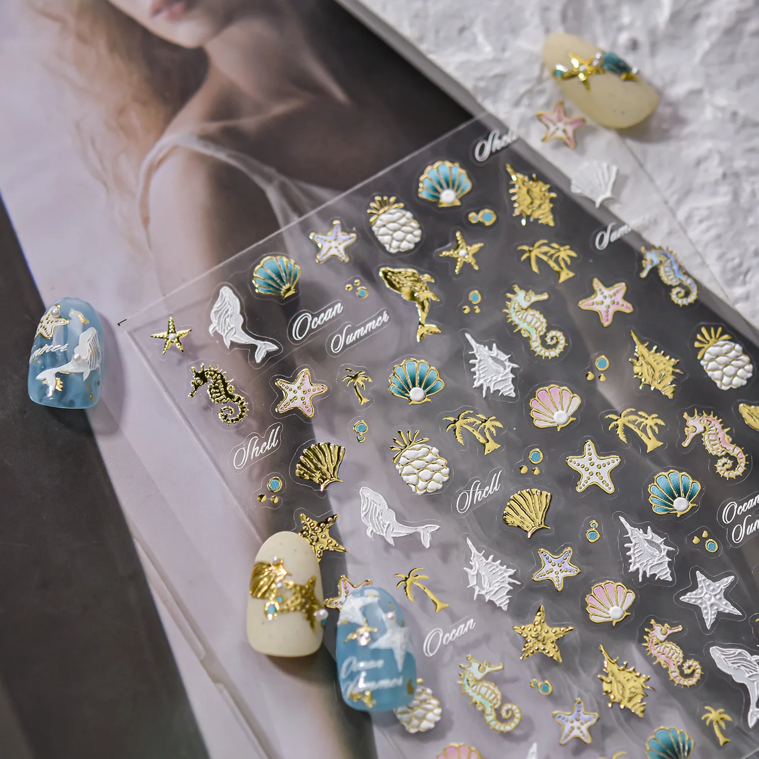 Pegatina de concha de perlas de lujo para uñas 5D, delfines de estrella de mar en relieve, piezas adhesivas para decoración de uñas, pegatinas para manicura DIY