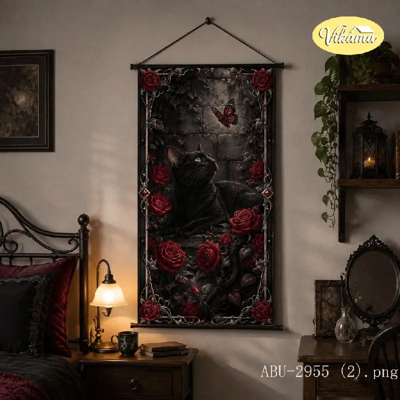VIKAMA Gothic Black Cat Tapestry Red Rose Butterfly Dark Vintage Ornate Art Wall Hanging for Bedroom Aesthetic Home Decor