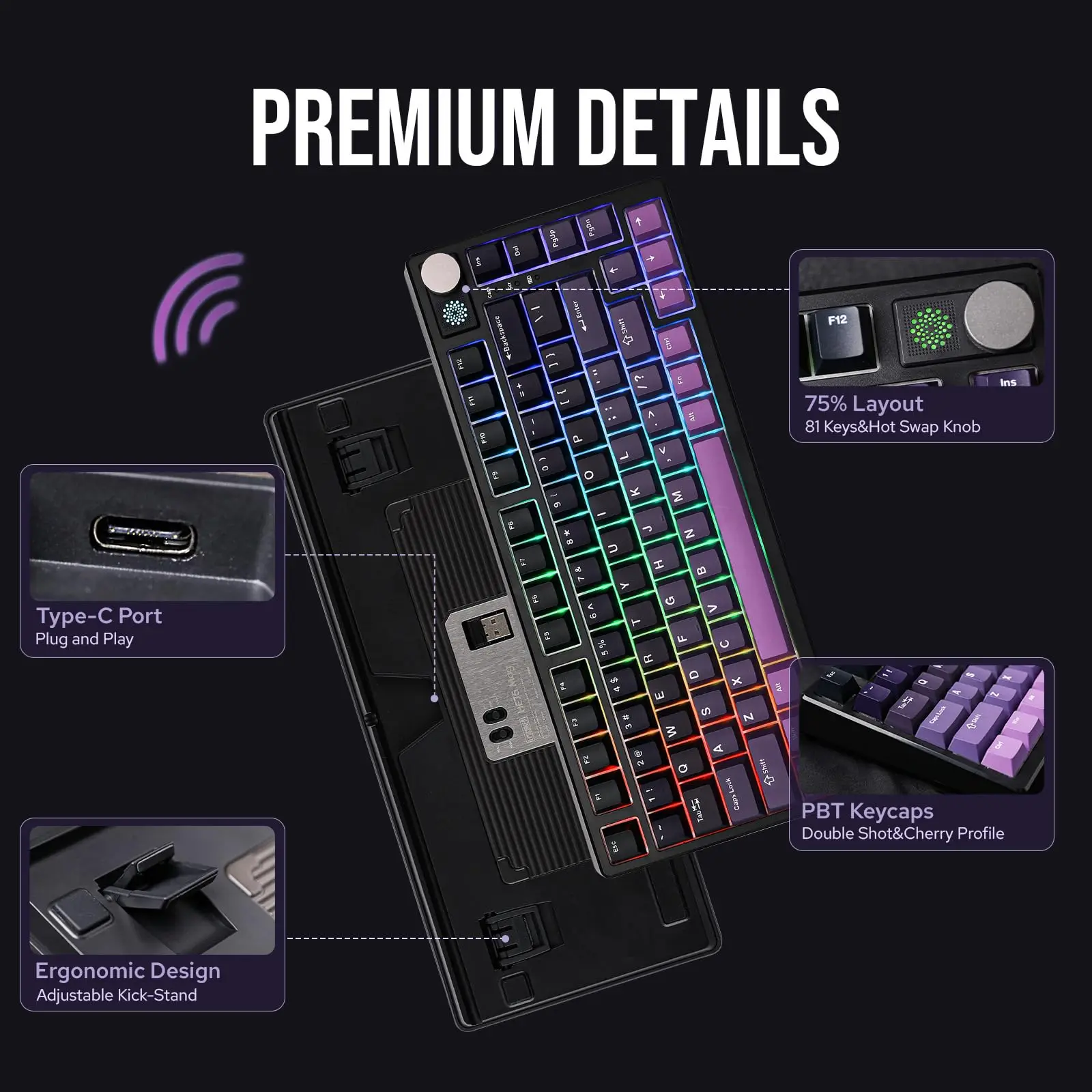 EPOMAKER HE75 Mag 75% Hot-Swap Gasket-Mounted Wired/Bluetooth/2.4GHz Wireless Mechanical Keyboard with RGB Backlight for Mac/WIN - Image 5