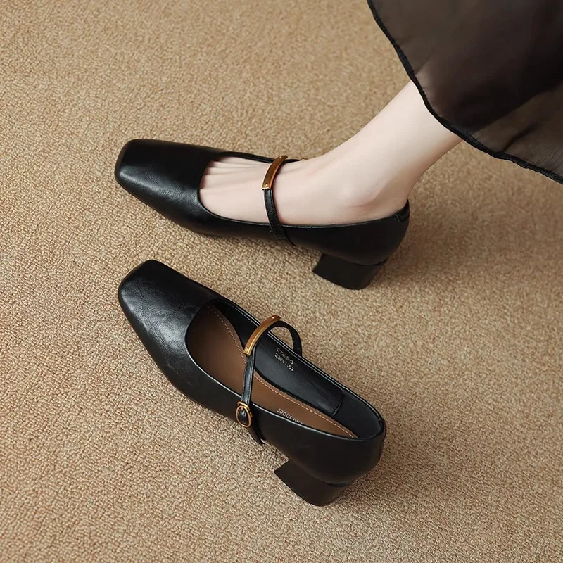 

French Style Square Head Mary Jane Shoes Women's Versatile Genuine Leather Single Shoes Metal Buckle Round Head Mid Heel