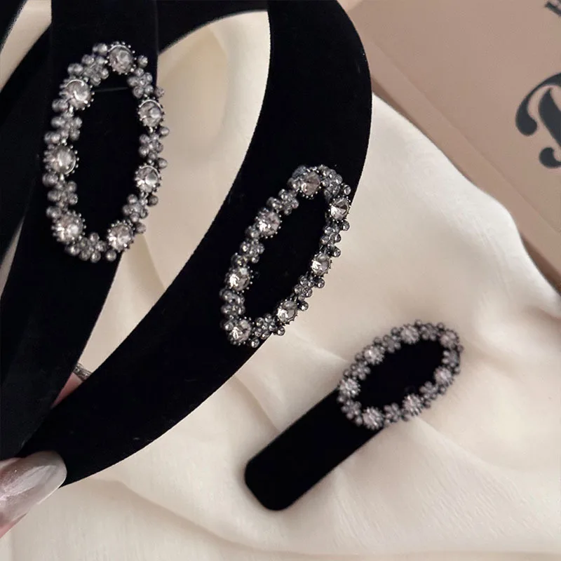 High-Grade Oval Rhinestone Headband/Hairpin Black Velvet Wide-Brimmed Style go out Face Wash Hair Band Hairpin Hair Accessories