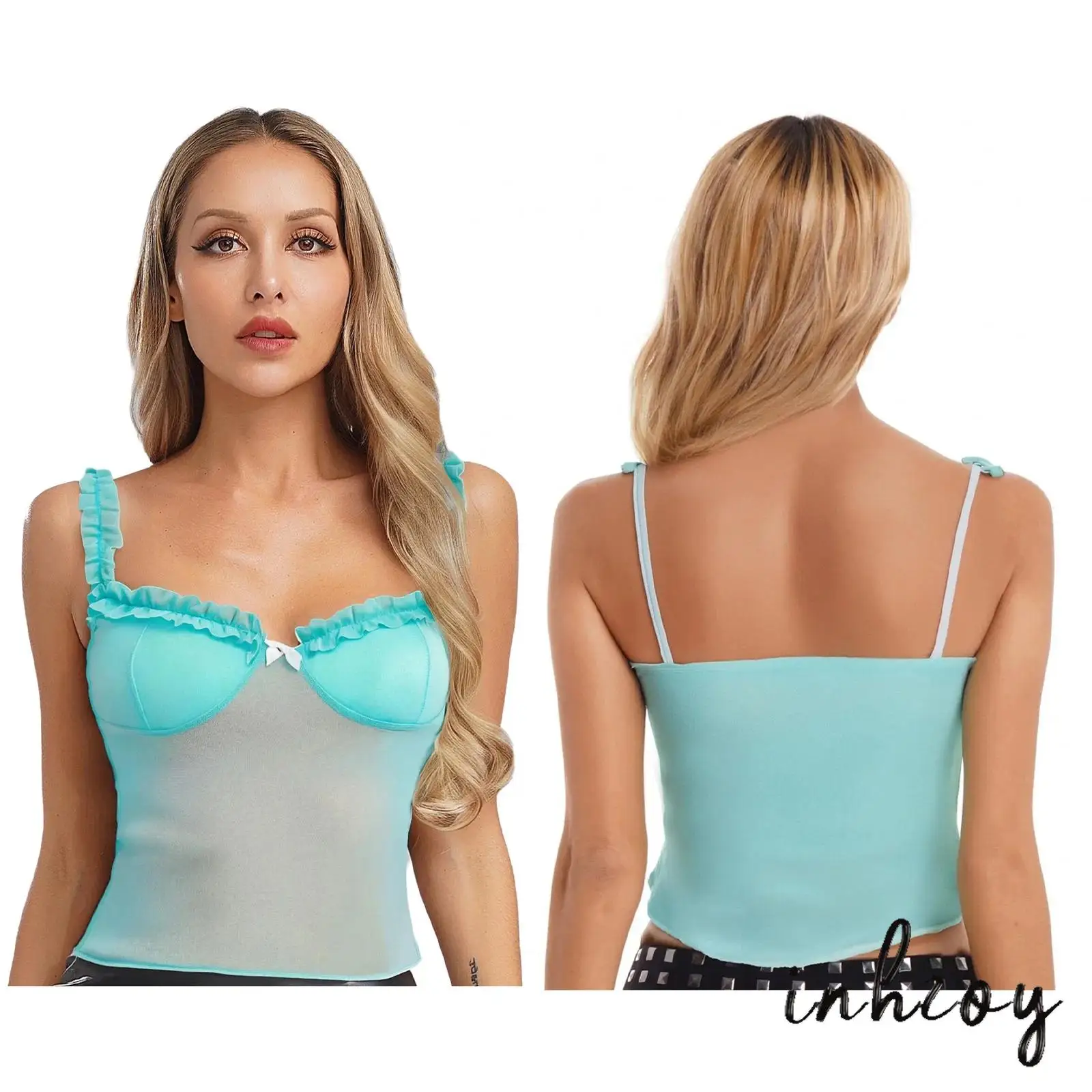 

Womens Summer Slim Crop Camisole Halter Sling Sheer Mesh Ruffled Tank Top Going Out Vest for Fashion Streetwear Daily Wear Party
