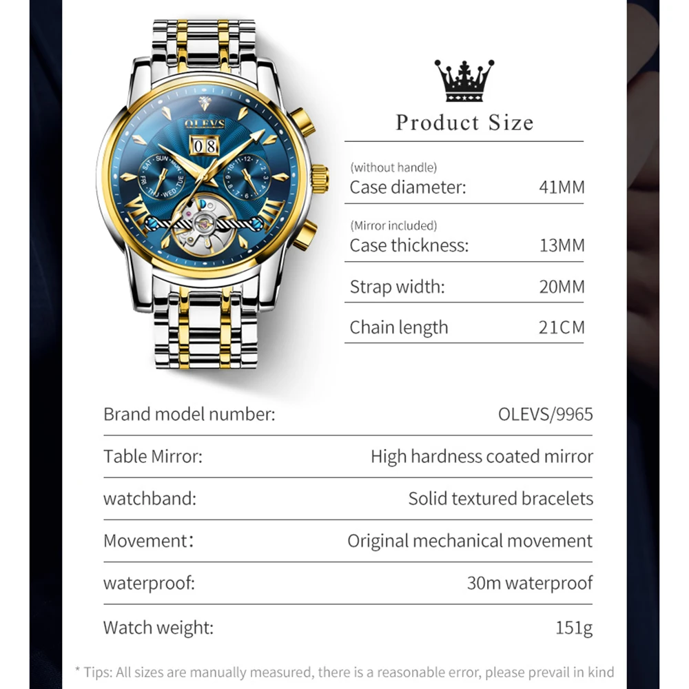 OLEVS 9965 New Automatic Mechanical Watch For Men Skeleton Flywheel Waterproof Men\'s Watches Week Calendar Luxury Man Wristwatch