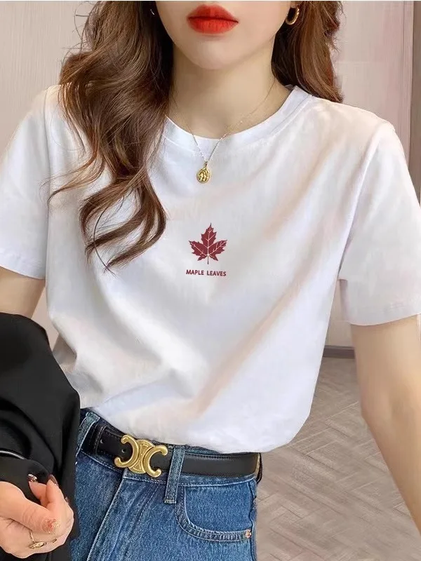 High-End-Baumwoll-Damen-T-Shirt mit Oulder-Breite, regulär, ort Sve, Sommer, dünn, schlicht, Sle-Druck, Pendeln, lockere Passform