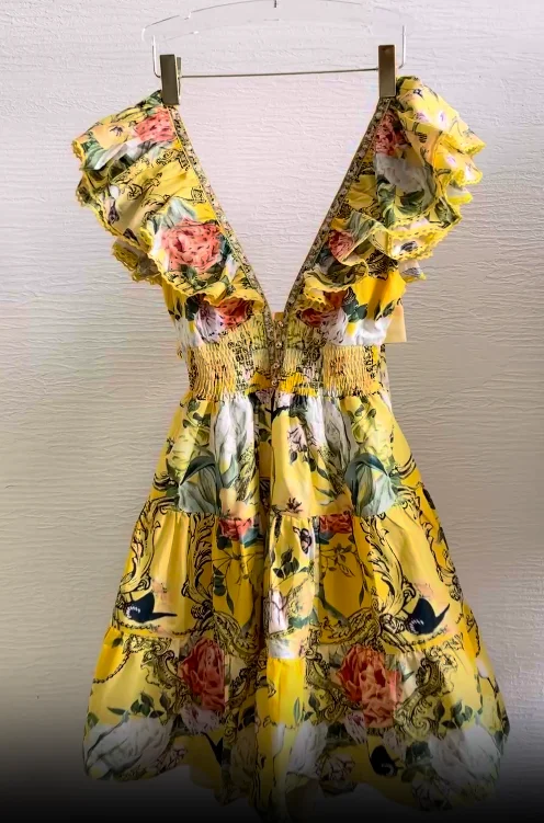 

V Neck Cut Out Waist Backless Mini Dress 2025 Cotton Yellow Floral Print Diamonds Ruffles Deep