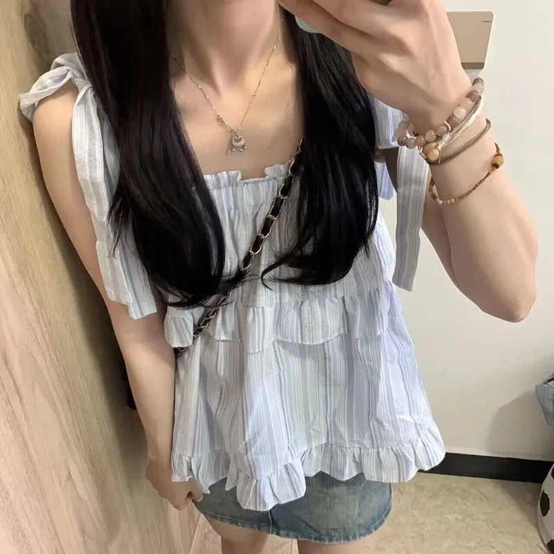 Striped Shirts and Blouses Korea Ruffles Fashion Woman Blouse 2024 Sleeveless Ladies Top Female Tie O-neck Casual Clothes 2024