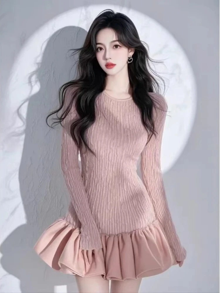 Temperamento rosa floral bud vestido rosa para mulheres primavera outono luxo cintura mostrar magreza camada interna emparelhado vestidos curtos