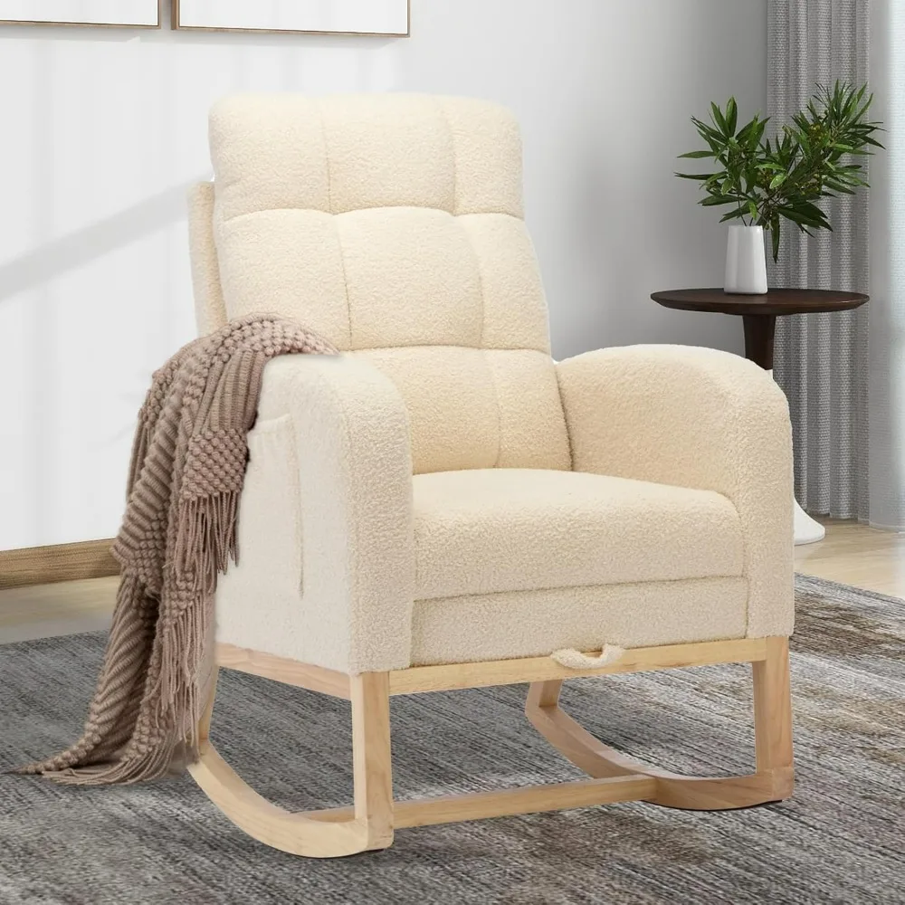 Kursi Goyang Pembibitan Modern, Kursi Goyang Berlapis Teddy Dengan Pijakan Kaki, Kursi Rocker Nyaman Dengan Saku Samping, Rocker C