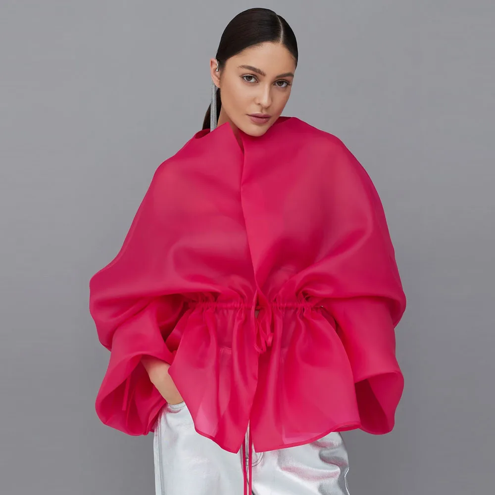 

Розово-красные женские топы с длинными рукавами и завязками на талии, свободный размер и цвет, офисная женская блузка, женская куртка