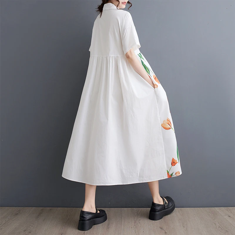 Summer New Floral Printed A-line Dress Short Sleeve Vintage Front Buttons Shirt Dresses Turn-down Collar Female Vestidos