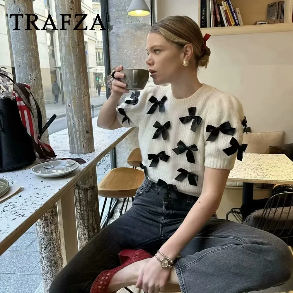 TRAFZA 2024 Wiosna Lato Casual Dzianinowe Swetry Damskie Moda Streetwear O Szyja Krótki Rękaw Kokarda Krawat Szykowne Swetry Damskie