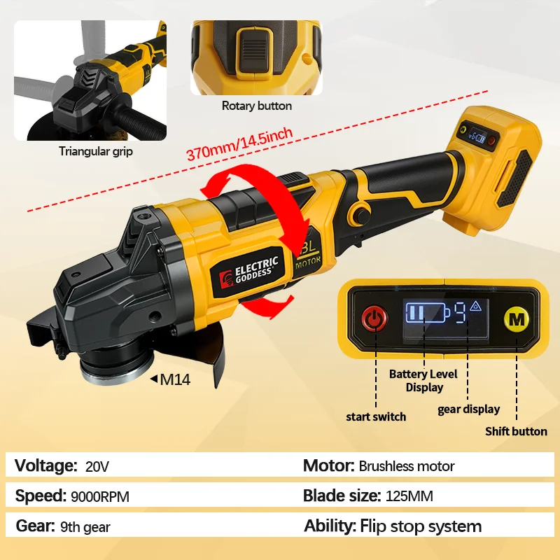 Electric Goddess 125MM Brushless Electric Angle Grinder Metal/Wood Polishing Grindind Power Tool ﻿For Dewalt 20V Battery Pin ﻿