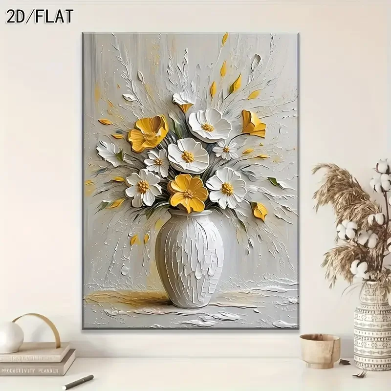 2D/FLAT Elegant Floral High-Definition Printed Canvas Art, Creamy Style Wall Decor - Perfect for Office, Hallway, Living Room, B