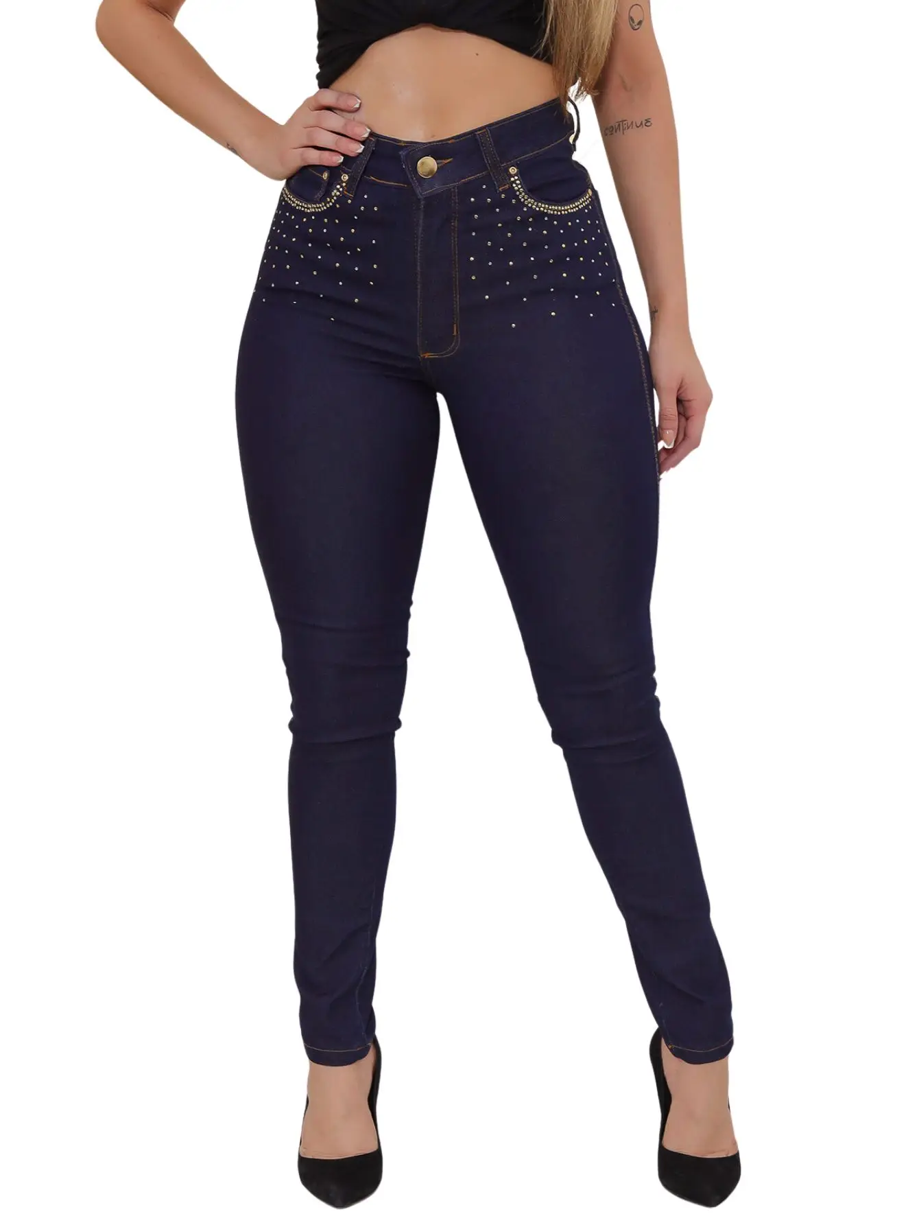 Calça com Strass Feminina Skinny Jeans Escuro e Strass no Bolso com Pedraria
