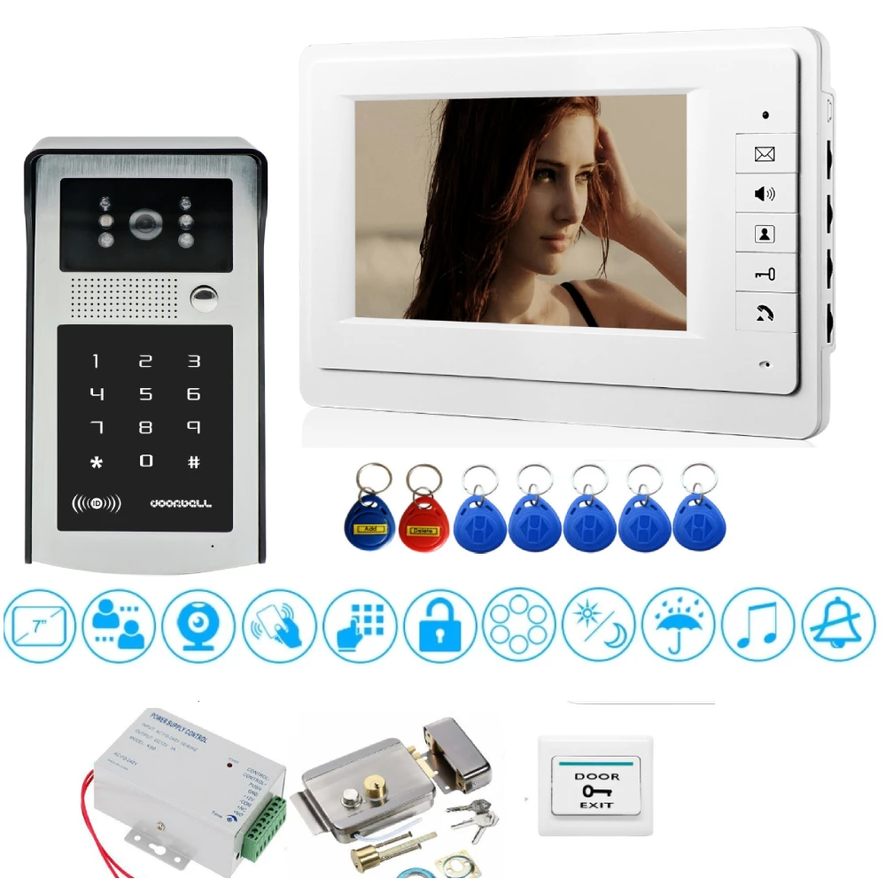 

New Wired 7 inch Video Door Phone Intercom Entry System 1 Monitor + 1 Password RIFD Access IR 1000TVL Camera