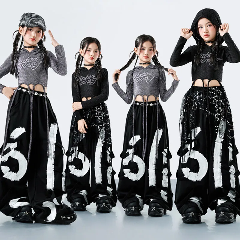 

Детская одежда в стиле хип-хоп Kpop, серая укороченная толстовка с капюшоном, черная футболка с граффити, повседневные спортивные штаны с ремешком для девочек, танцевальный костюм, одежда
