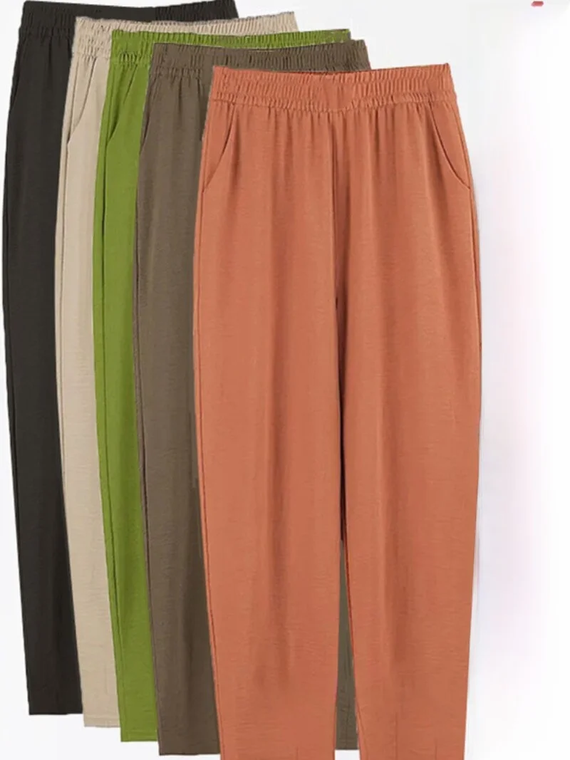 

Тонкие шаровары из ледяного шелка, женские летние повседневные свободные брюки с девятью точками, большие размеры, с высокой талией, полиэстер...