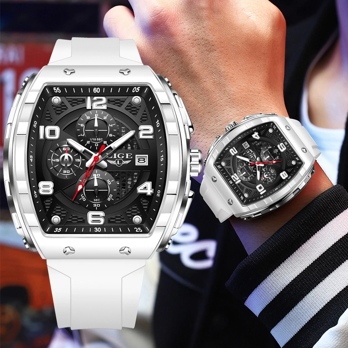 LIGE Cool Hollow Quartz Watches for Man Fashion Outdoor Sport Silicone Auto Date Waterproof Chronograph Watch Male Daily Commute