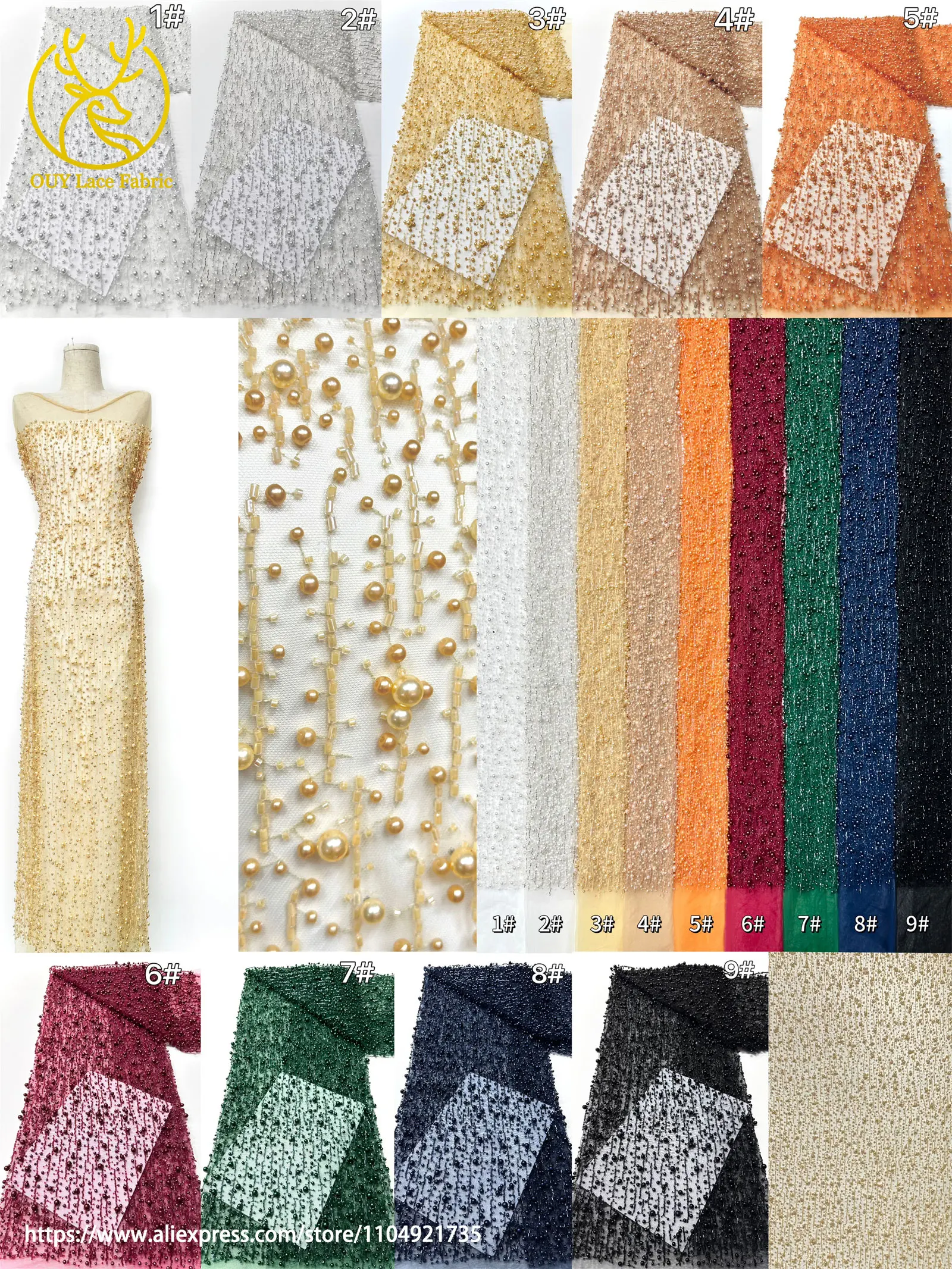 Luxury African French Handmade Beaded Lace Fabric 2025 Nigerian Mesh Beaded Embellished Lace Dress Fabric for Party Sewing