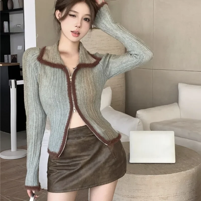 OCEANLOVE Contrast Color Vintage Cardigans for Women Zipper Y2k Korean Fashion Sweater Autumn Winter Short Knitwears Tops