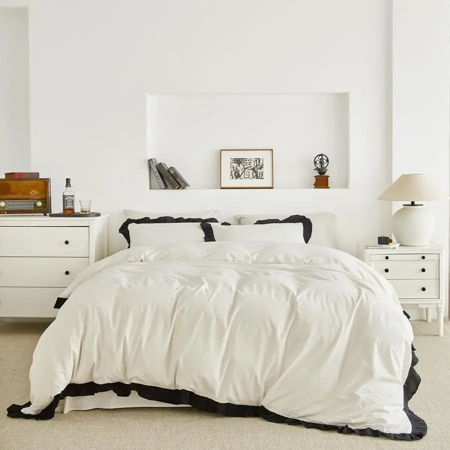 

Комплект из 3 предметов: пододеяльник с рюшами из 100% стираного хлопка, черный, с кружевом, на молнии, размер Queen, 1 шт.